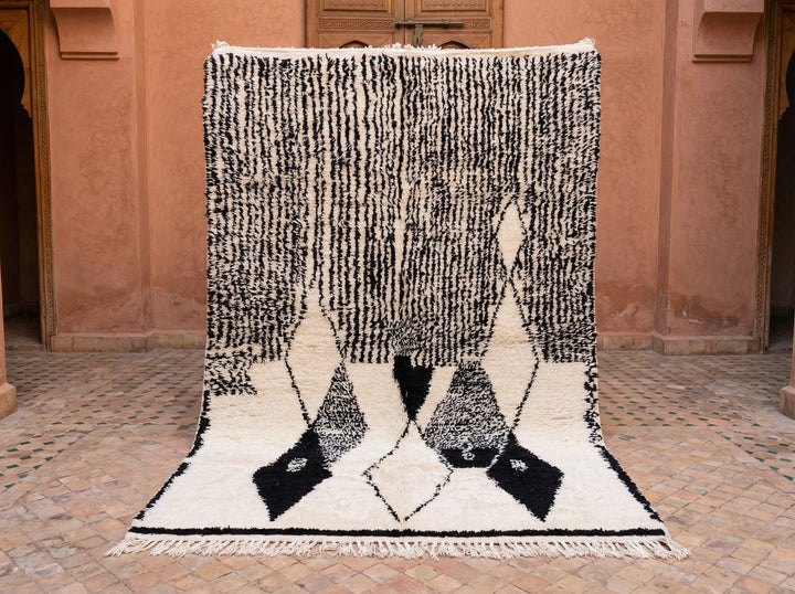 Black & Cream Scribble Field Lower Diamonds Custom Moroccan Rug - Africancreates