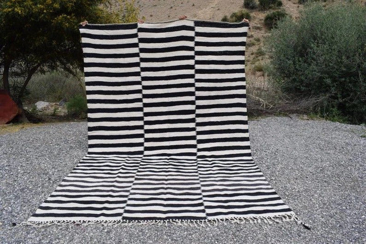 Black & Cream Staggered Horizontal Stripe Panels Custom Moroccan Rug - Africancreates