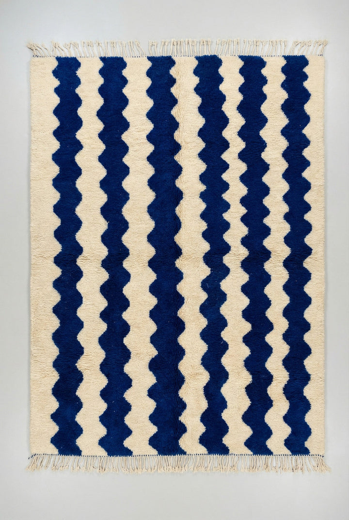 Blue & Cream Broad Wave Stripe Custom Moroccan Rug - Africancreates