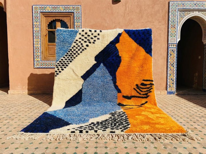 Blue, Ochre & Ivory Abstract Face Shapes Custom Moroccan Rug - Africancreates