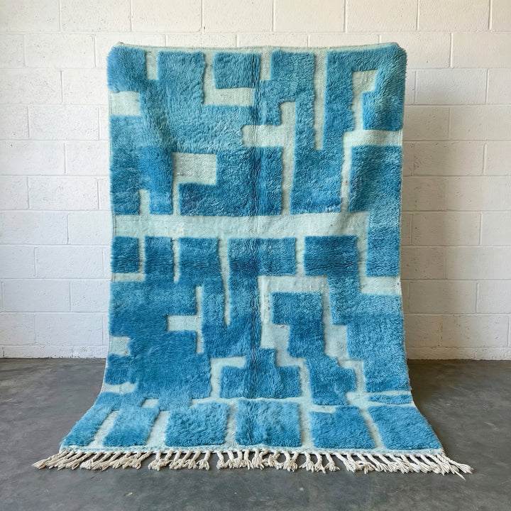 Bright Blue & Ivory Rectilinear Paths Custom Moroccan Rug - Africancreates
