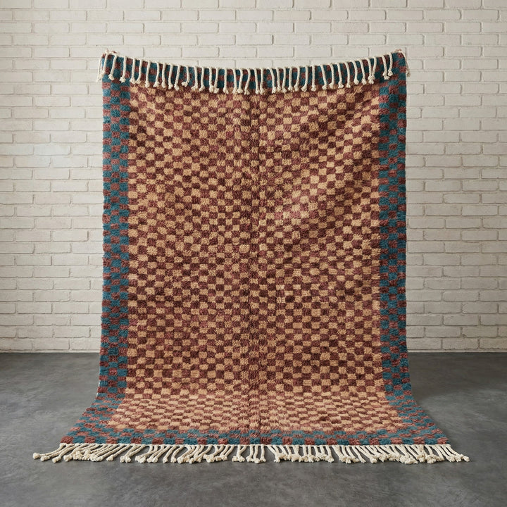 Brown & Tan Microchecks Blue Red Border Custom Moroccan Rug - Africancreates
