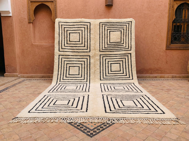 Cream & Black Four Concentric Squares Custom Moroccan Rug - Africancreates