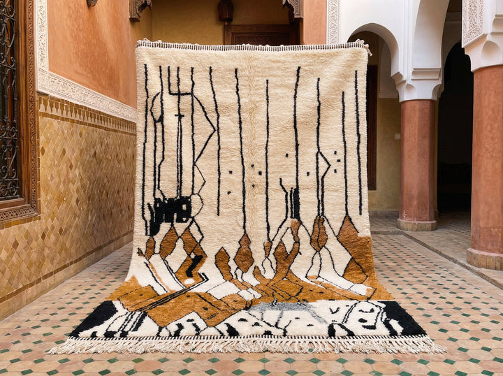 Cream, Black & Gold Hanging Diamond Lines Custom Moroccan Rug - Africancreates