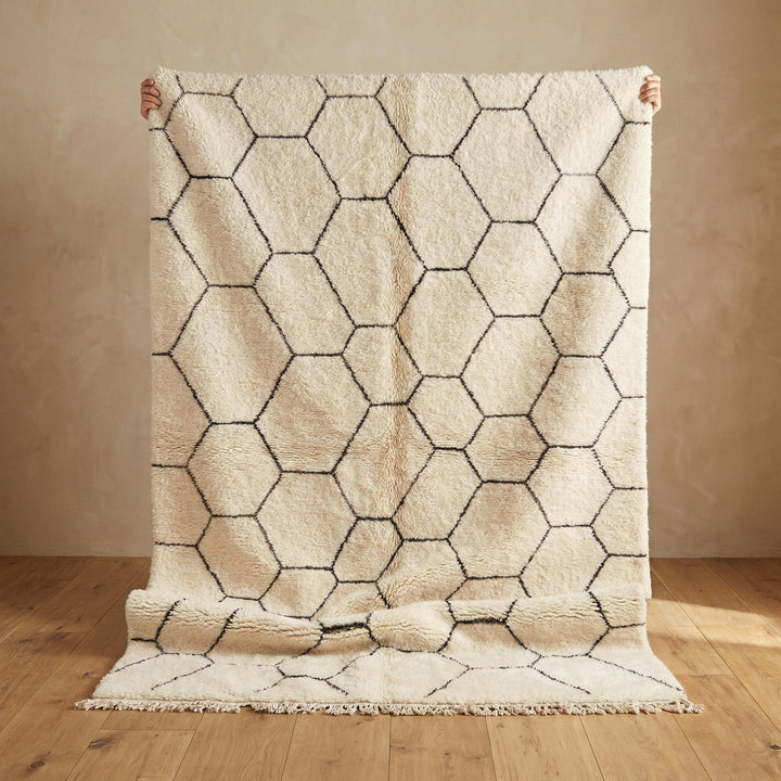 Cream & Black Thin Honeycomb Custom Beni Ourain Moroccan Rug - Africancreates