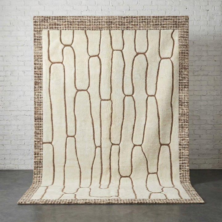 Cream & Brown Elongated Organic Cells Custom Moroccan Rug - Africancreates
