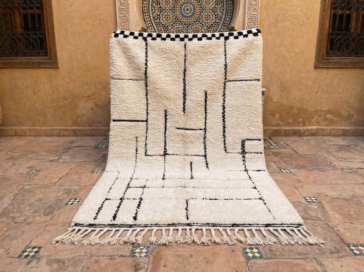 Cream Fine Broken Black Grid Triangle Edge Custom Moroccan Rug - Africancreates