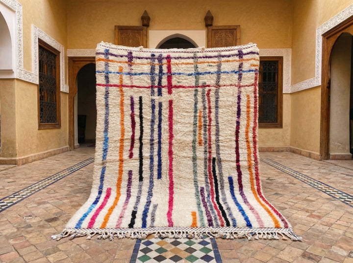 Cream & Multicolor Narrow Plaid Stripes Custom Moroccan Rug - Africancreates