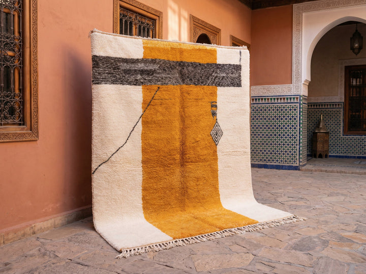 Cream & Mustard Column Charcoal Crossbar Custom Moroccan Rug - Africancreates