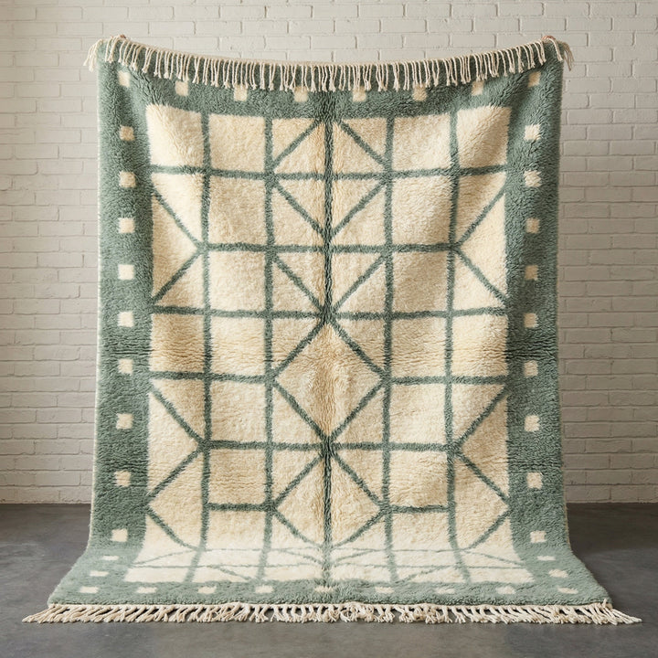 Cream & Sage Border Geometric Grid Custom Moroccan Rug - Africancreates