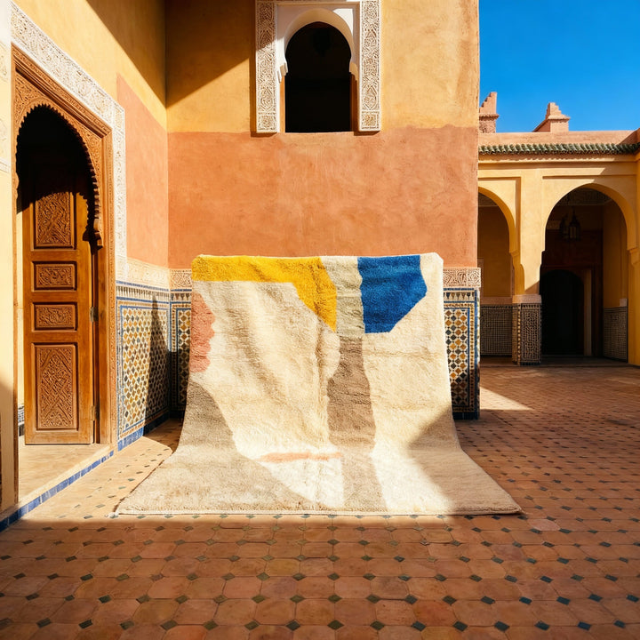 Cream, Taupe, Yellow & Blue Organic Blocks Custom Moroccan Rug - Africancreates