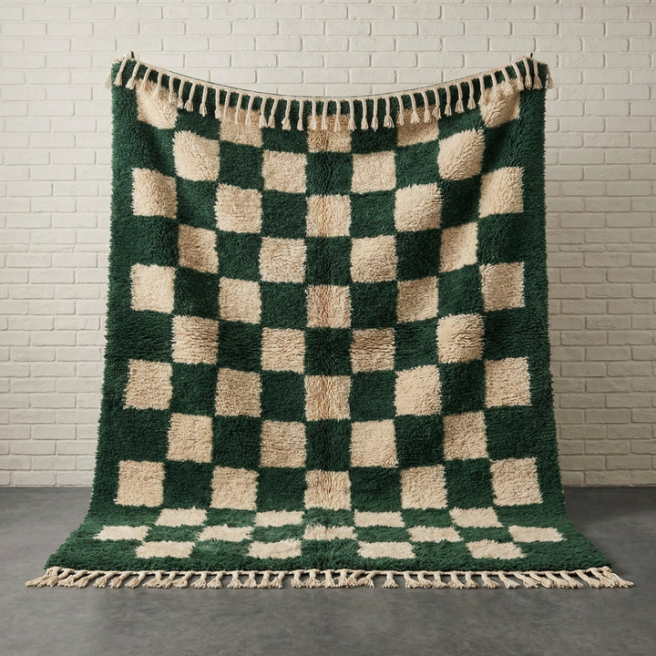 Forest Green & Ivory Large Checkerboard Custom Moroccan Rug - Africancreates