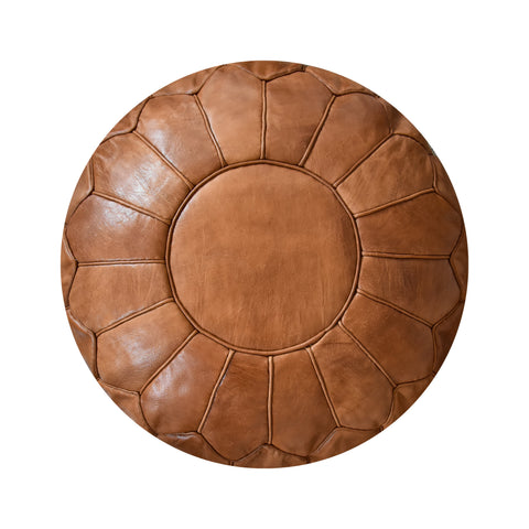 Moroccan round leather pouf, handmade leather stool, authentic seat cushion, living room pouf, yoga cushion, camel brown pouf
