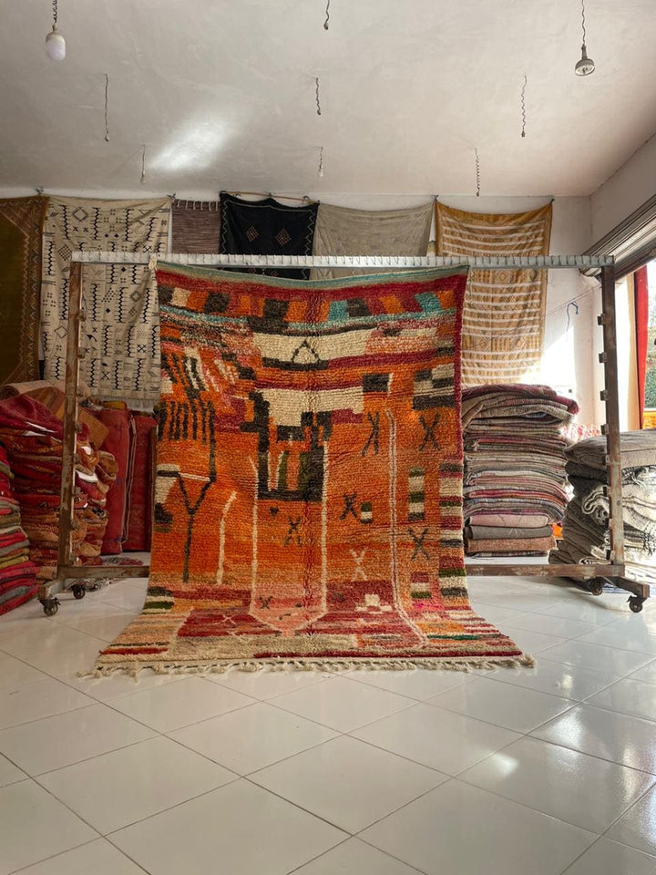 Lifestyle shot of the orange vintage Moroccan rug in a natural setting.
