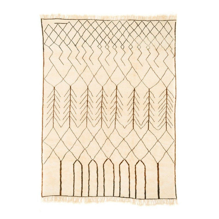 Front view of a large beige and brown Moroccan rug with geometric patterns and fringe edges.