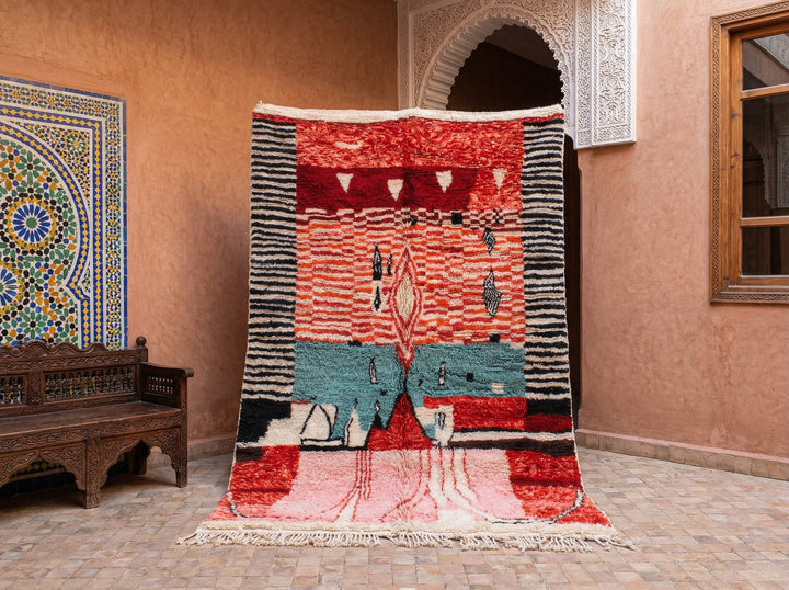 Multicolor, Red & Teal Figurative Geometric Custom Moroccan Rug - Africancreates