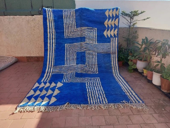 Royal Blue Fine Cream Maze With Corner Diamonds Custom Moroccan Rug - Africancreates