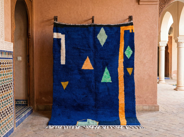 Royal Blue & Multicolor Small Shapes Orange Edge Custom Moroccan Rug - Africancreates