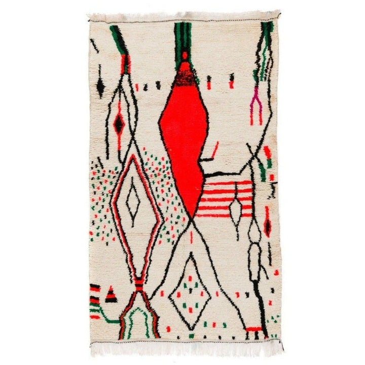 Front view of the orange and black tribal Azilal Moroccan rug with geometric patterns.