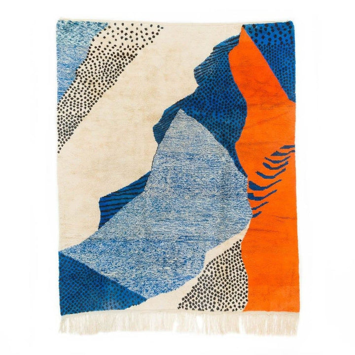 Front view of the blue, cream, and orange abstract Moroccan rug with geometric patterns.