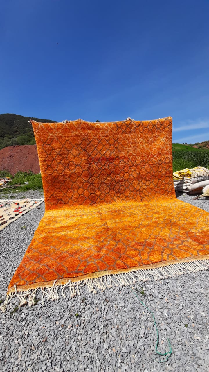 Lifestyle view of an orange Beni Ourain Moroccan rug with a soft texture against a natural background.