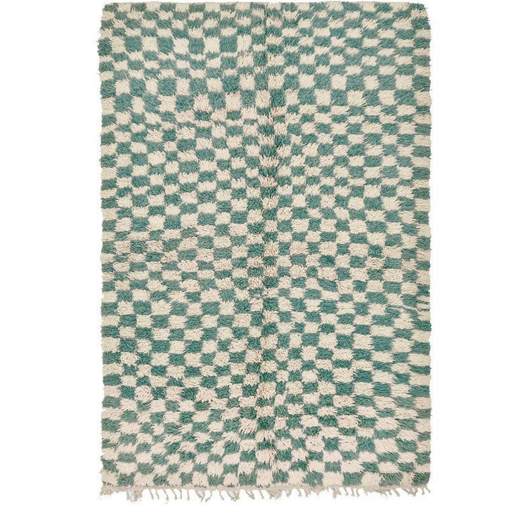 Front view of the green checkered Moroccan tribal rug showcasing its tribal pattern.