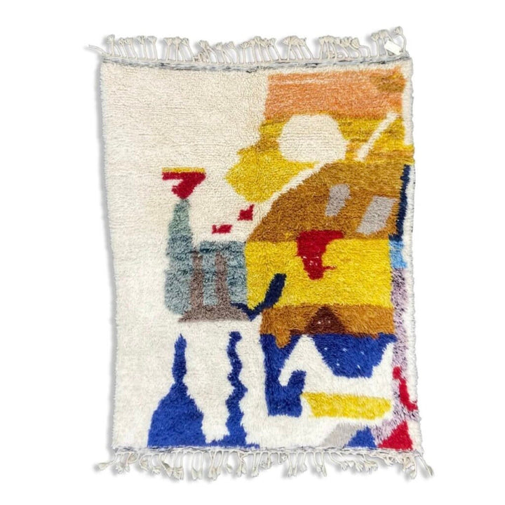Front view of a handwoven multicolor rug featuring an abstract pattern and fringe edges.