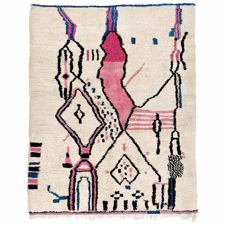Front view of a multicolor tribal pattern Moroccan rug with geometric designs in cream, pink, and black.