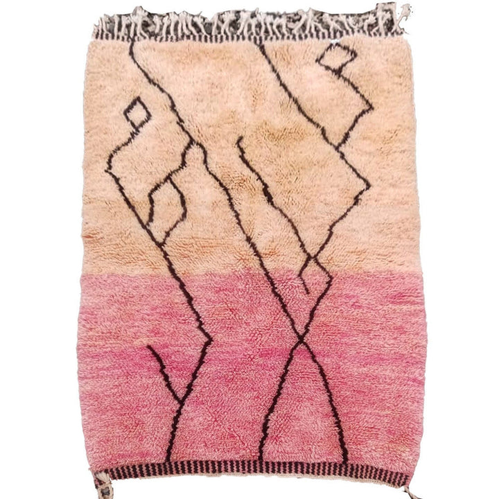 Front view of the pink Moroccan rug featuring a geometric pattern on a neutral background.