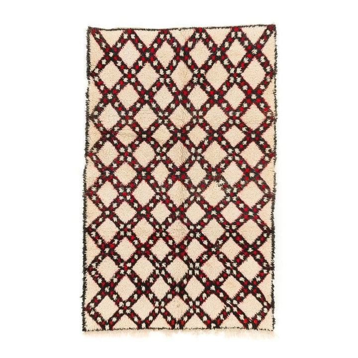 Front view of the brown checkered Beni Ourain Moroccan rug featuring geometric patterns.