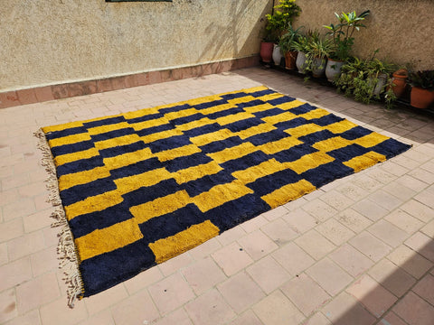 BeniRugs Moroccan contemporary design rug,Curcuma and Blue handmade berber rug, custom living room rug , Mrirt thick Rug