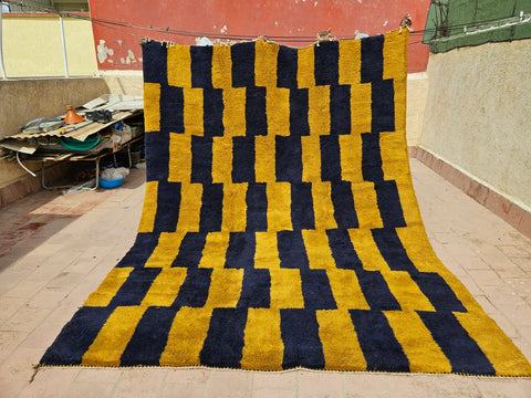 BeniRugs Moroccan contemporary design rug,Curcuma and Blue handmade berber rug, custom living room rug , Mrirt thick Rug