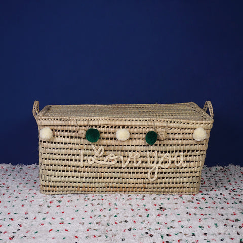 Wicker Storage Trunk - Palm Leaf Storage Chest and Basket 80 cm, i love you in white