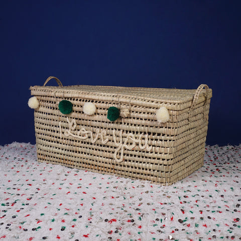 Wicker Storage Trunk - Palm Leaf Storage Chest and Basket 80 cm, i love you in white