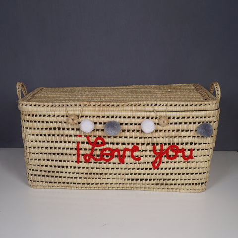 Wicker Storage Trunk - Palm Leaf Storage Chest and Basket 80 cm, i love you