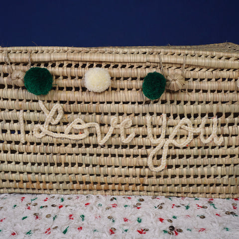 Wicker Storage Trunk - Palm Leaf Storage Chest and Basket 80 cm, i love you in white
