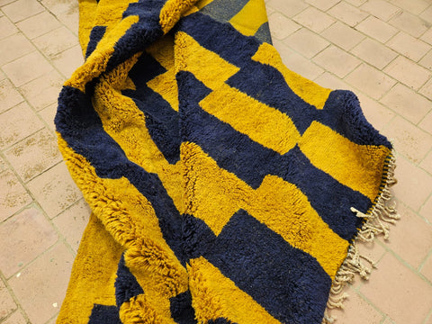 BeniRugs Moroccan contemporary design rug,Curcuma and Blue handmade berber rug, custom living room rug , Mrirt thick Rug
