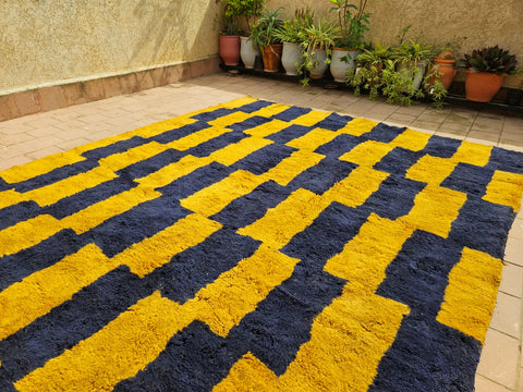 BeniRugs Moroccan contemporary design rug,Curcuma and Blue handmade berber rug, custom living room rug , Mrirt thick Rug