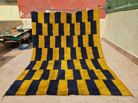 BeniRugs Moroccan contemporary design rug,Curcuma and Blue handmade berber rug, custom living room rug , Mrirt thick Rug