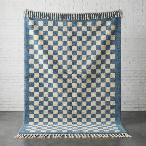 Berber Blue Checkered Moroccan Rug - Custom Living Room Area Beni Ourain Rugs
