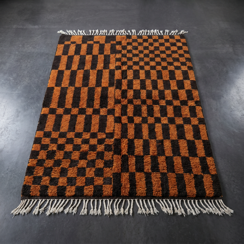 Brown Checkered Wool Handmade Moroccan Rug - Custom Living Room Area Beni Rugs
