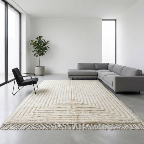 Natural Cream Tufted Moroccan Rug - Custom Living Room Shaggy Area Beni Ourain Rugs