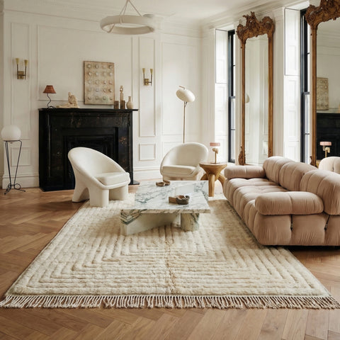 Natural Cream Tufted Moroccan Rug - Custom Living Room Shaggy Area Beni Ourain Rugs