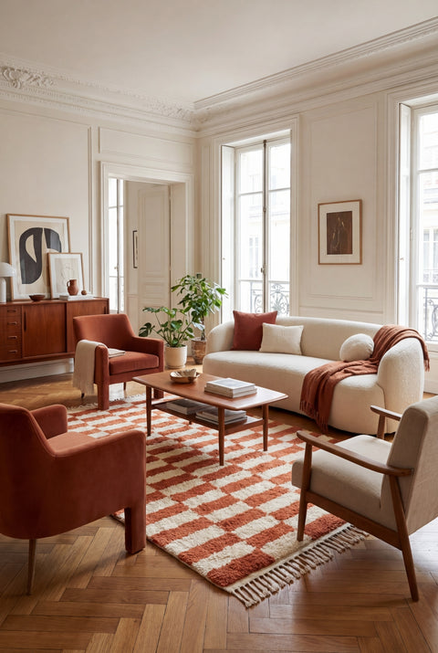 Checkered Terracotta Moroccan Rug - Custom Living Room Area Beni Ourain Rugs