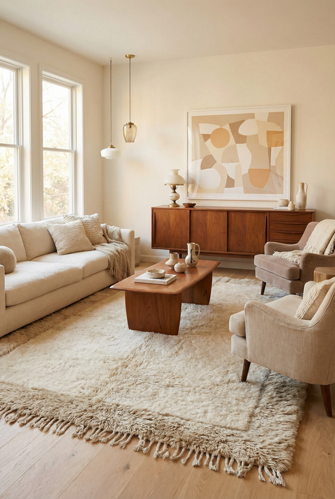 Handwoven Natural Wool Beni Ourain Rug – Cream Taupe Shag Area Carpet