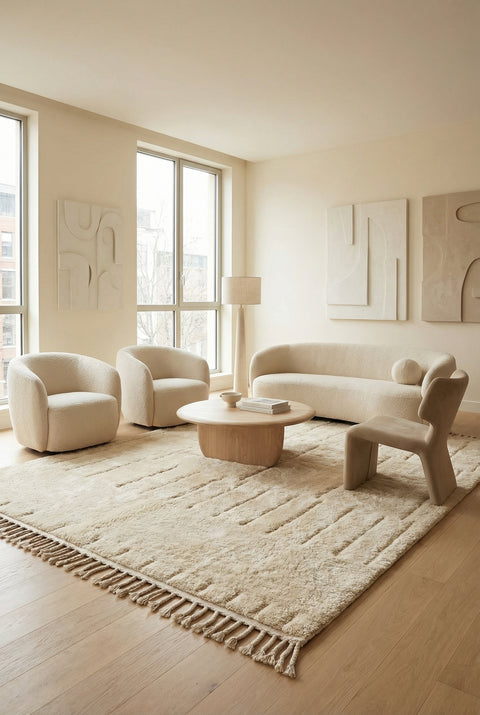 Cream Tufted Modern Handmade Moroccan Rug - Custom Living Room Area Beni Rugs