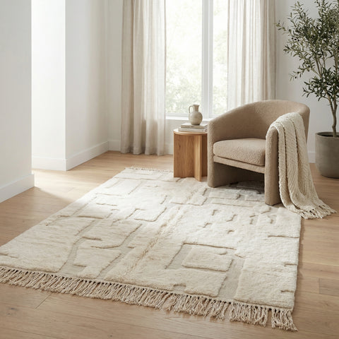 White Grid Modern Handmade Moroccan Rug - Custom Living Room Area Beni Rugs