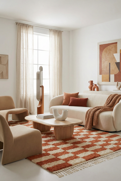 Checkered Terracotta Moroccan Rug - Custom Living Room Area Beni Ourain Rugs