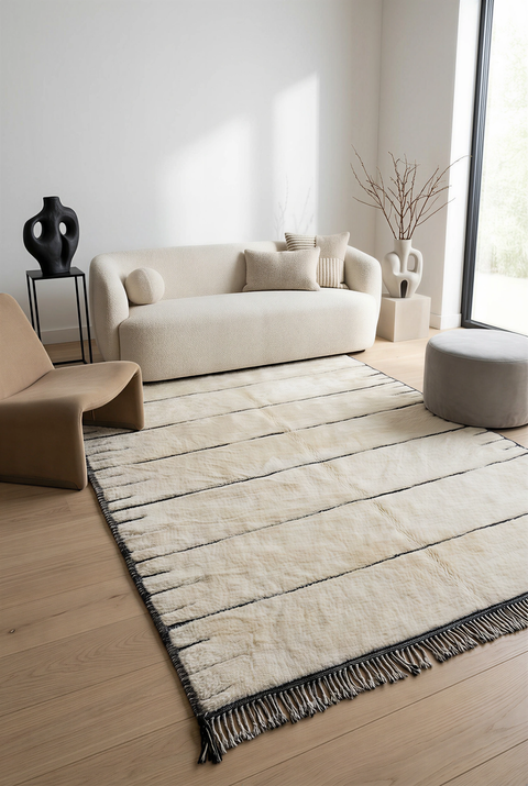 Cream Tufted Moroccan Rug - Custom Living Room Beige Area Beni Ourain Rugs