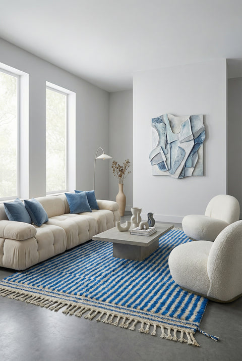 Blue Striped Moroccan Rug - Custom Living Room Area Beni Ourain Rugs